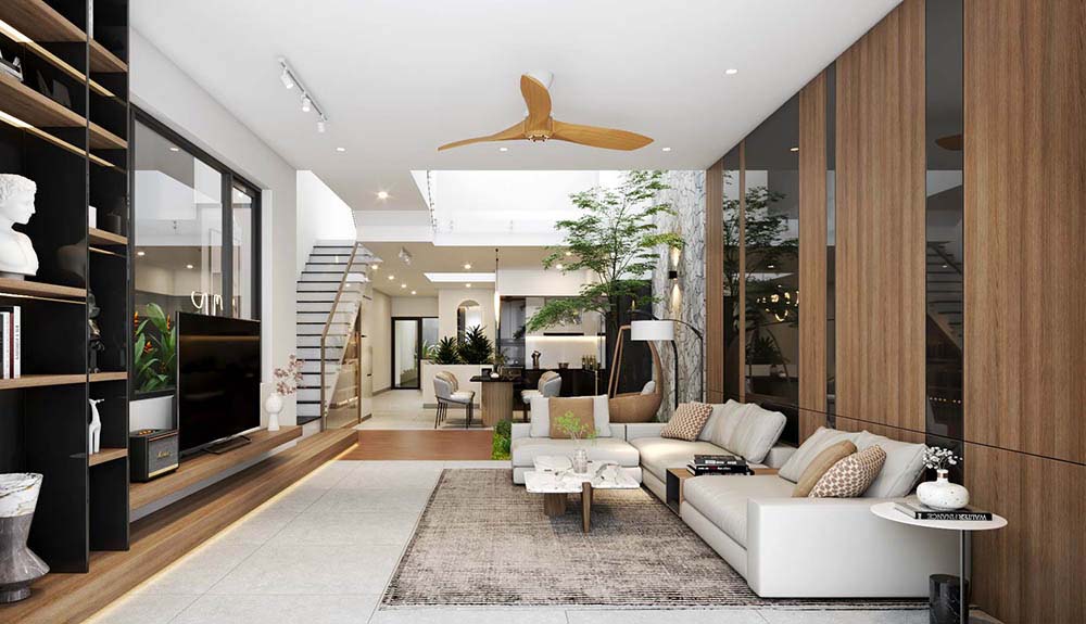 Thiết kế nội thất nhà lệch tầng sang trọng hợp phong thủy