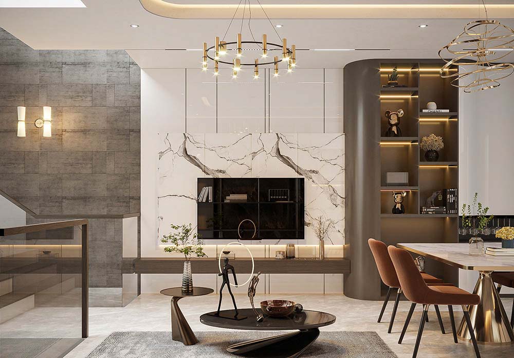 Thiết kế nội thất nhà lệch tầng sang trọng hợp phong thủy